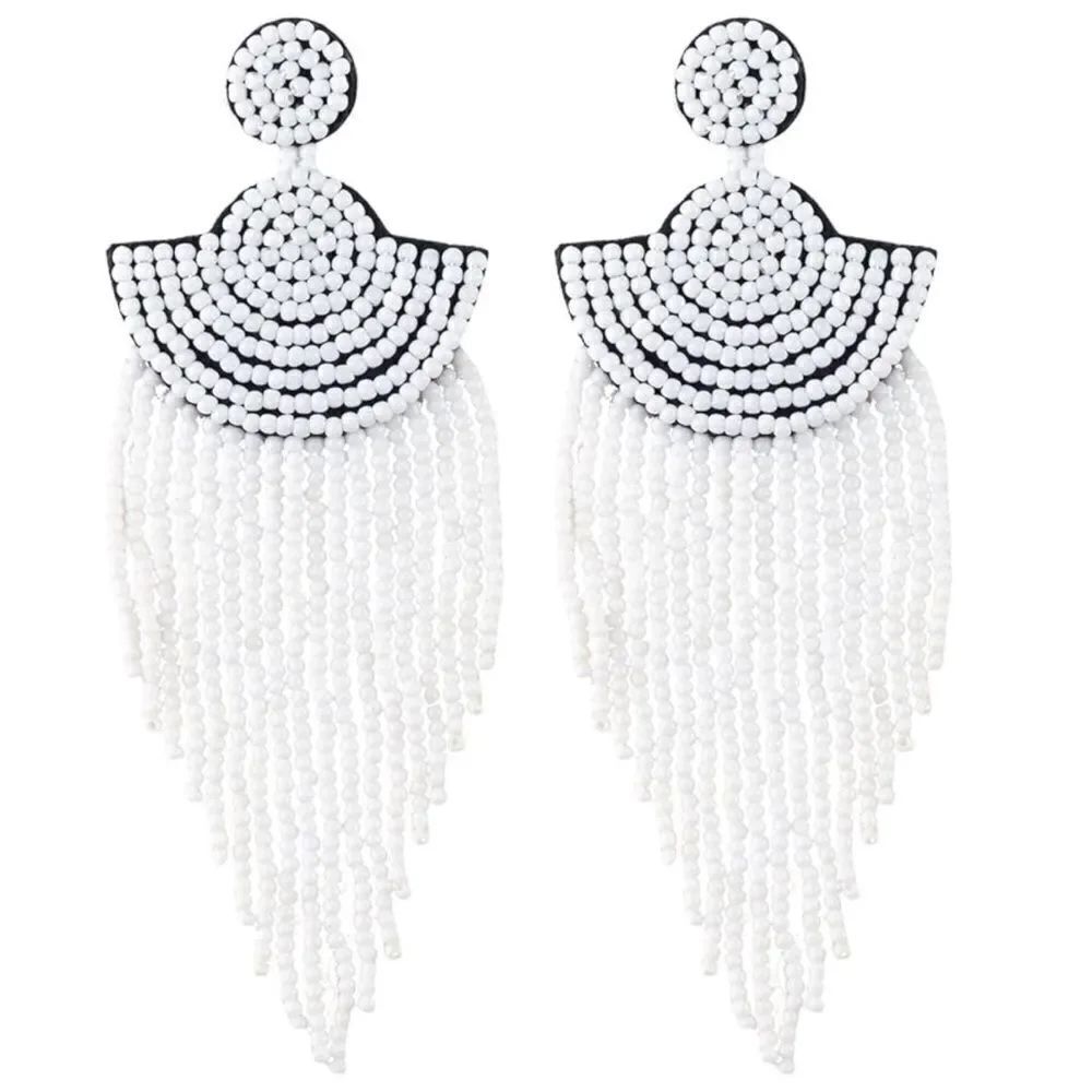 Long Boho White Beaded Tassel Fringe Dangling Drop Fan Chandelier Post Earrings